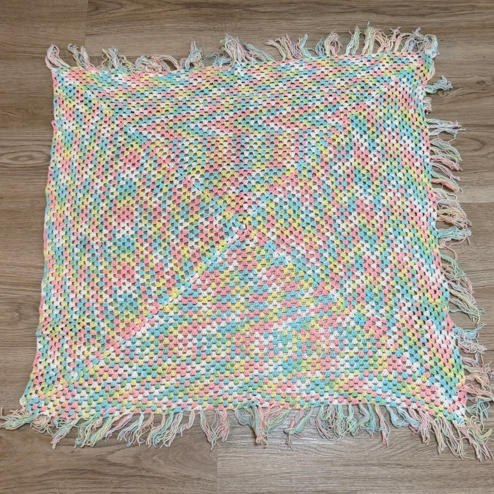 Handmade Crochet Baby Blanket 34x35 Pastel Multicolor Vintage Style 1990s
